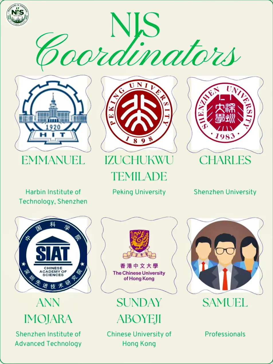 The NIS Coordinators board listing Emmanuel at Harbin Institute of Technology Shenzhen, Izuchukwu Temilade at Peking University, Charles at Shenzhen University, Ann Imojara at SIAT, Sunday Aboyeji at the Chinese University of Hong Kong, and Samuel for professionals