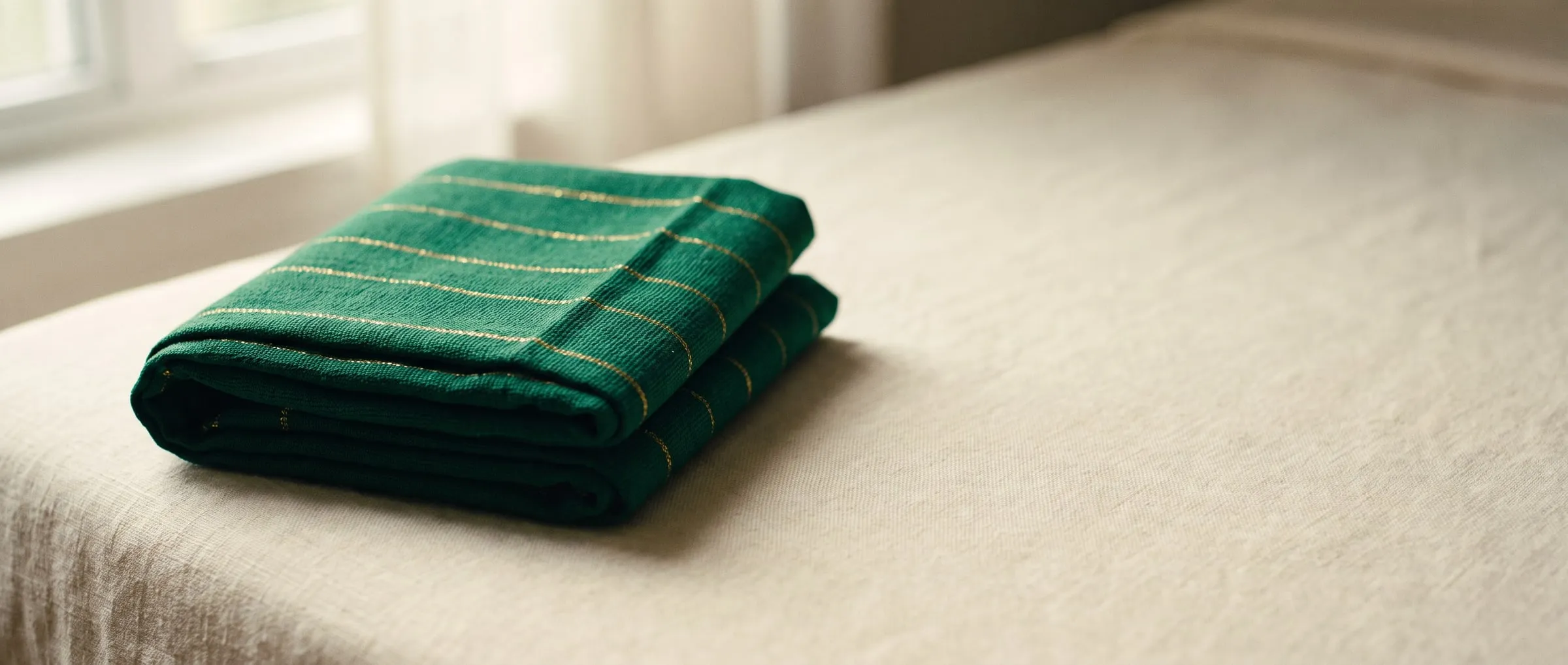 Folded handwoven aso-oke cloth, emerald green with fine gold stripes, resting on ivory linen