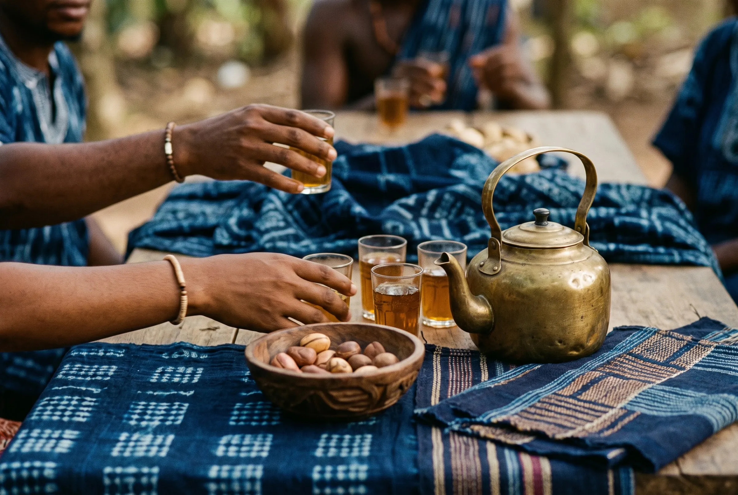 A gathering table laid with indigo adire cloth, brass teapot, glasses of tea and kola nuts