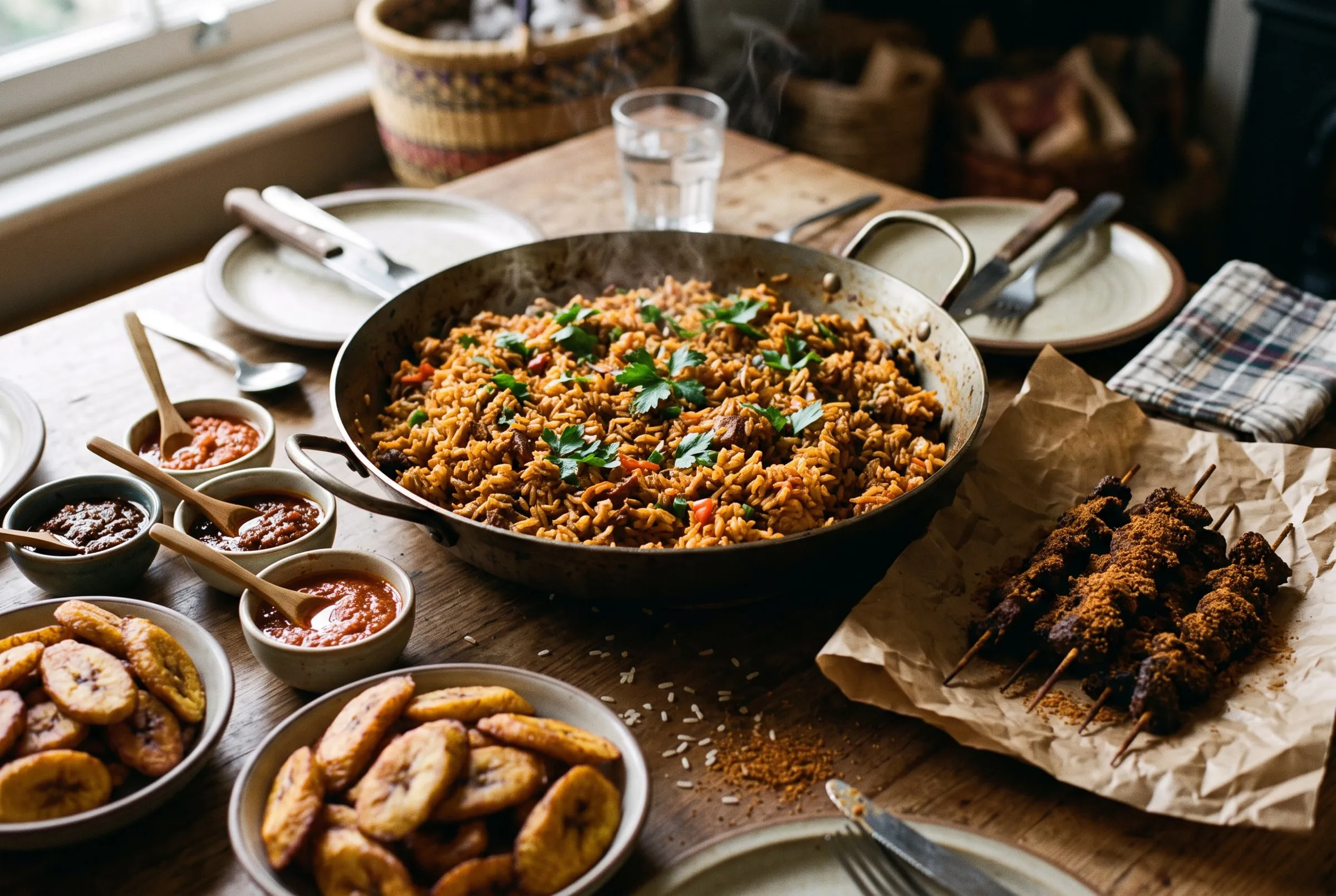A West African feast of jollof rice, suya and plantain